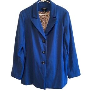 Dennis Basso Womens Blazer 20W Blue Leopard Long Sleeve Three Buttons Elegant